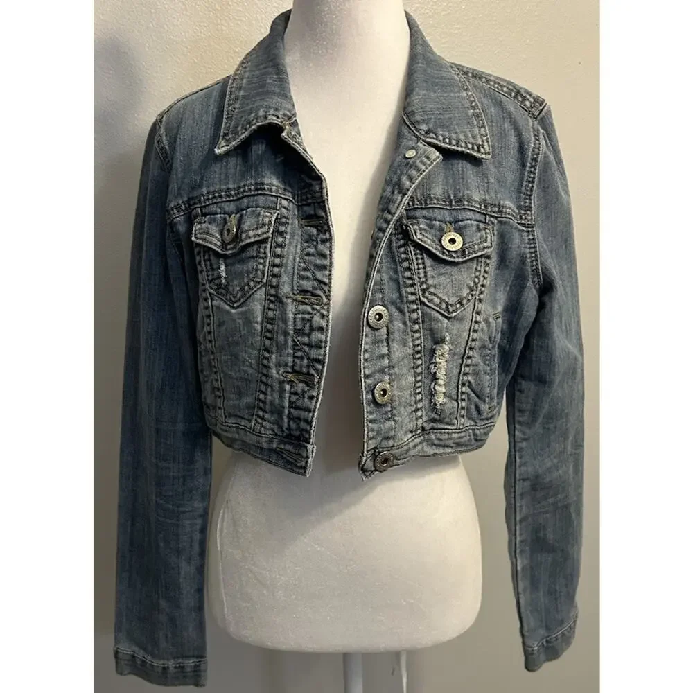 VTG 90s Denim Jacket Women’s M Cropped Western Dollhouse Sexy Cowgirl Hipster